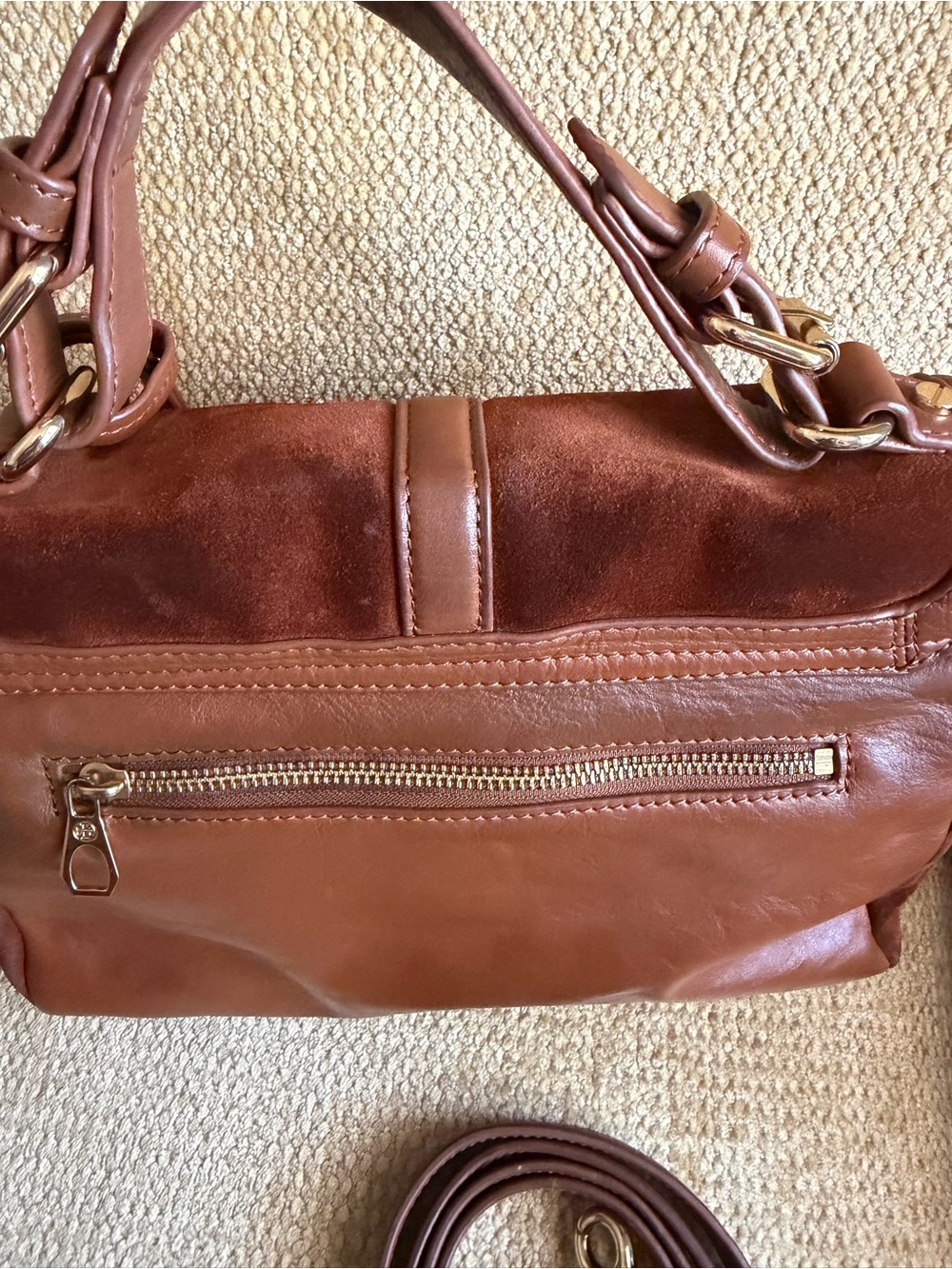 Tory Burch 797 Brown Leather & Suede Top-Handle Satchel - Picture 3 of 6